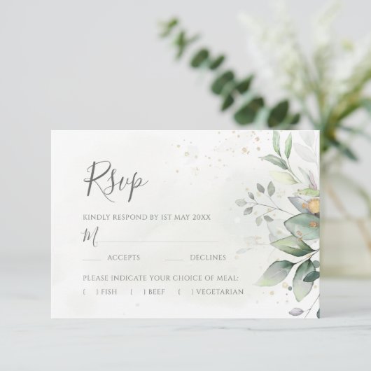 Cartons Réponse Elégant Eucalyptus Feuille Mariage or vert (Debout devant)