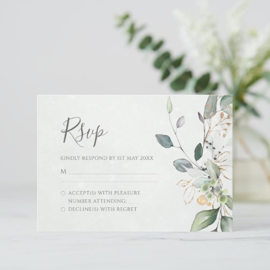 Cartons Réponse Elégant Eucalyptus Feuille Mariage or vert (Debout devant)