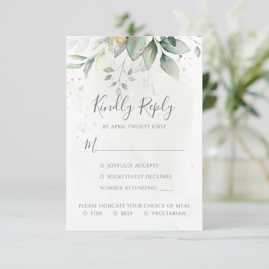 Cartons Réponse Elégant Eucalyptus Feuille Mariage or vert (Debout devant)