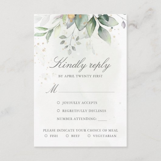 Cartons Réponse Elégant Eucalyptus Feuille Mariage or vert (Devant)