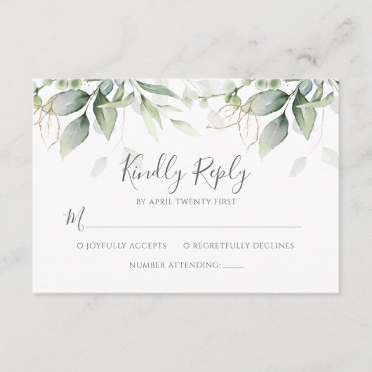 Cartons Réponse Elégant Eucalyptus Feuille Mariage or vert (Devant)
