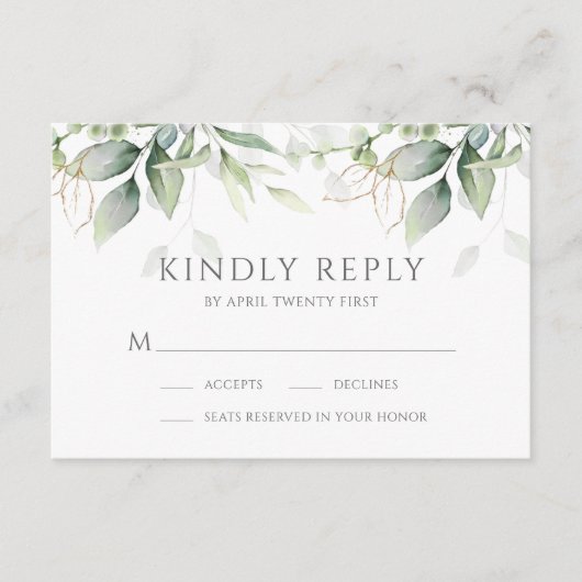Cartons Réponse Elégant Eucalyptus Feuille Mariage or vert (Devant)
