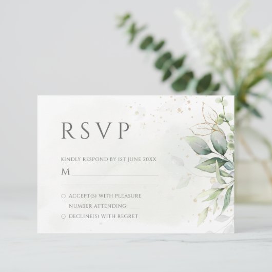 Cartons Réponse Elégant Eucalyptus Feuille Mariage or vert (Debout devant)