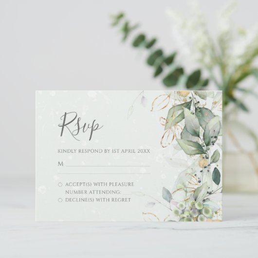 Cartons Réponse Elégant Eucalyptus Feuille Mariage or vert (Debout devant)