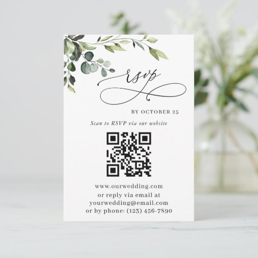 Cartons Réponse Elégant Eucalyptus Floral Mariage QR Code (Debout devant)