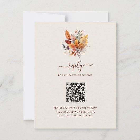 Cartons Réponse Élégant Feuilles Automne QR Code Mariage (Devant)