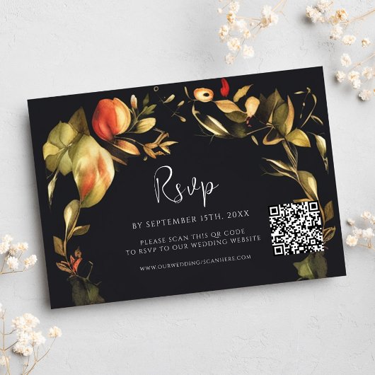 Cartons Réponse Élégant Floral Black QR Code Mariage