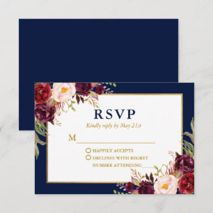 Cartons Réponse Elégant Floral Bourgogne Mariage Blue Gold