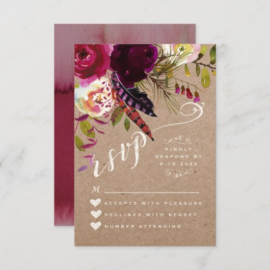 Cartons réponse | Élégant Floral Rustic Boho Rose  (Devant / Derrière)