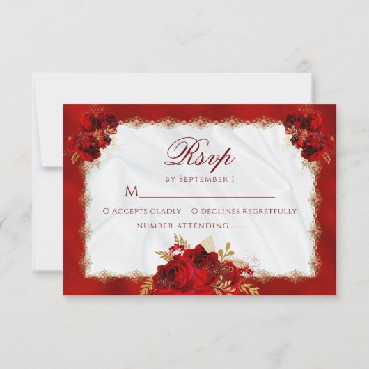 Cartons Réponse Élégant Formal Red Gold Floral Mariage (Devant)