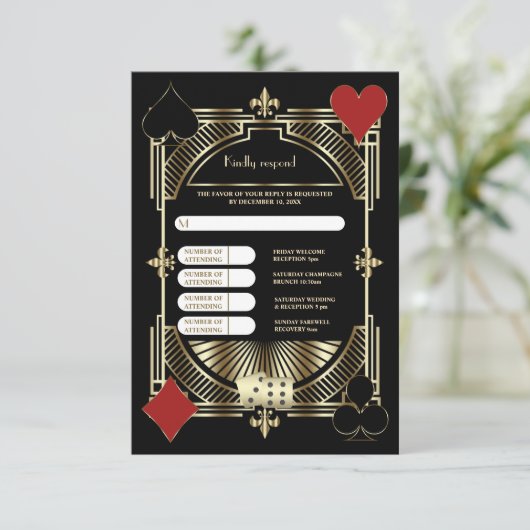 Cartons Réponse Elégant Gold Black Art Déco Mariage et Itinéraire (Debout devant)