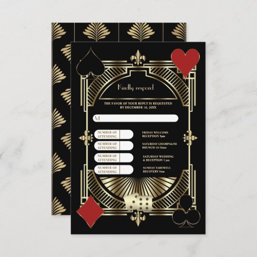 Cartons Réponse Elégant Gold Black Art Déco Mariage et Itinéraire (Devant / Derrière)