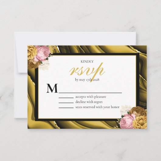 Cartons Réponse Elégant Gold Black Bordure Mariage floral (Devant)