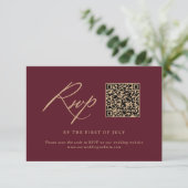 Cartons Réponse Elegant Gold Burgundy Calligraphy Mariage QR code (Debout devant)