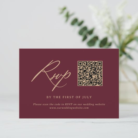 Cartons Réponse Elegant Gold Burgundy Calligraphy Mariage QR code (Debout devant)