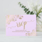 Cartons Réponse Elegant Gold Calligraphy on Lilac Purple Wedding (Debout devant)