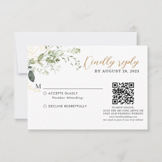 Cartons Réponse Elegant Gold Greenery Eucalyptus QR Code Wedding (Devant)