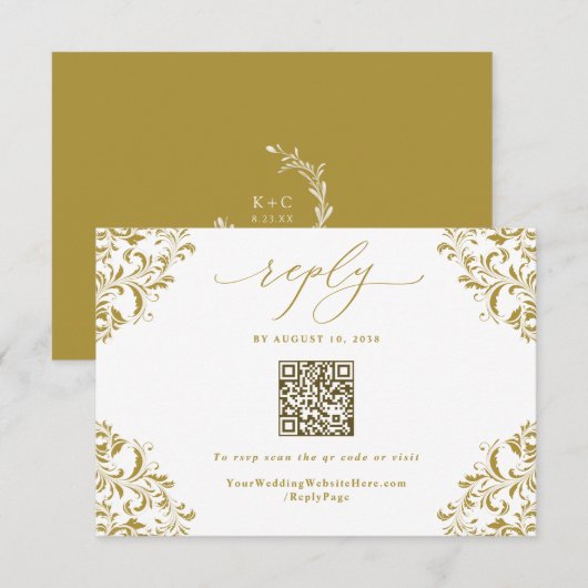 Cartons Réponse Elégant Gold Vintage Wedding QR Code (Devant / Derrière)