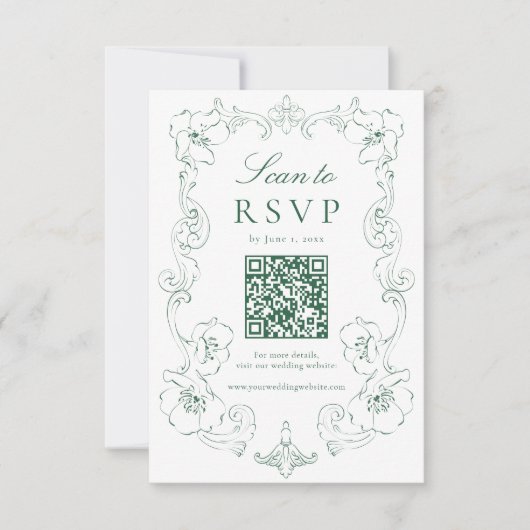Cartons Réponse Elegant Green Ornate Floral QR Code Wedding (Devant)