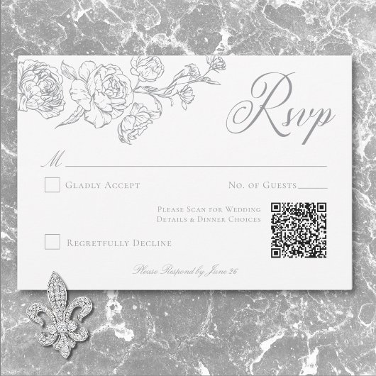 Cartons Réponse Elegant Grey Chinoiserie Bird & Crest Mariage QR