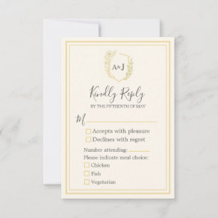 Cartons Réponse Élégant ivoire Faux Or 3 choix de repas Mariage