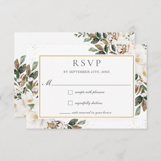 Cartons Réponse Élégant Ivoire Magnolia Mariage de verdure fleurie (Devant / Derrière)