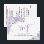 Cartons Réponse Élégant Lavande violet Mariage de calligraphie flo<br><div class="desc">Ces belles cartes RSVP vous permettront de répondre facilement à vos faire-part de mariage. Elles présentent un élégant design boho chic floral avec une calligraphie en dentelle et des roses et fleurs d'aquarelle peints à la main dans les tons lavande, lilas et violet poussiéreux. Le verso de la carte est...</div>