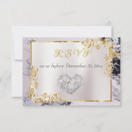 Cartons Réponse Elegant Marble, White, Gold Frame, Silver Heart (Devant)