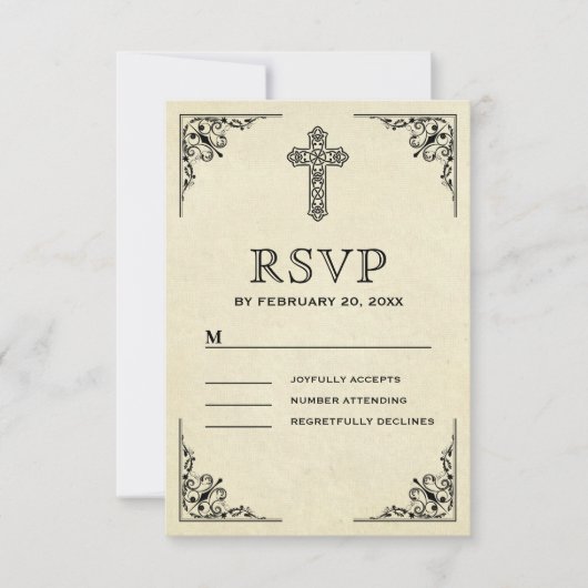 Cartons Réponse Élégant Mariage chrétien Croix Vintage (Devant)