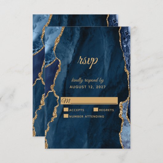 Cartons Réponse Élégant Mariage d'agate d'or bleu marine (Devant / Derrière)