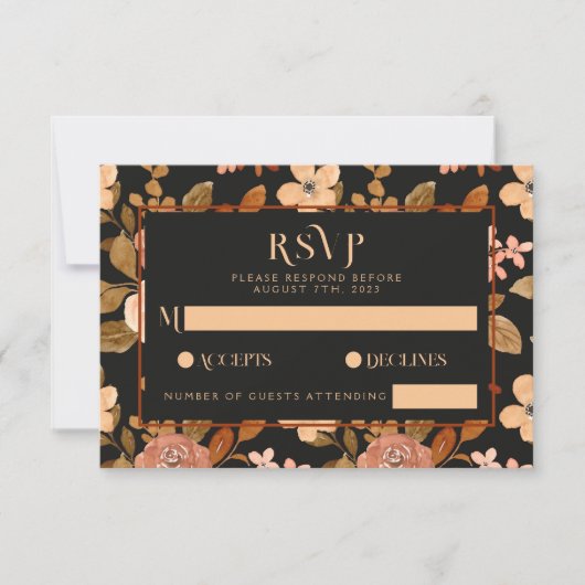 Cartons Réponse Élégant Mariage de Boho Floral Boho de Chute Noire (Devant)