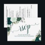 Cartons Réponse Élégant Mariage de calligraphie florale Emerald Gr<br><div class="desc">Ces belles cartes RSVP vous permettront de répondre facilement à vos faire-part de mariage. Elles présentent un élégant design boho chic floral avec calligraphie en dentelle et des roses aquarelles peints à la main dans les tons vert émeraude et sauge. Le verso de la carte est un formulaire à remplir...</div>