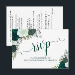 Cartons Réponse Élégant Mariage de calligraphie florale Emerald Gr<br><div class="desc">Ces belles cartes RSVP vous permettront de répondre facilement à vos faire-part de mariage. Elles présentent un élégant design boho chic floral avec calligraphie en dentelle et des roses aquarelles peints à la main dans les tons vert émeraude et sauge. Le verso de la carte est un formulaire à remplir...</div>