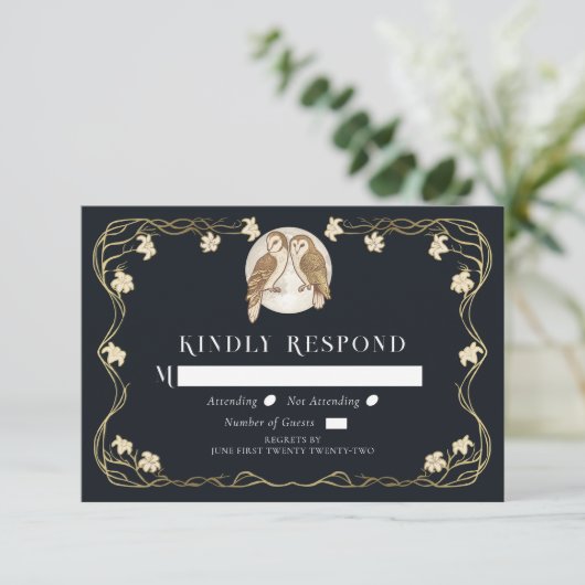 Cartons Réponse Élégant Mariage de Chouettes Art Nouveau (Debout devant)