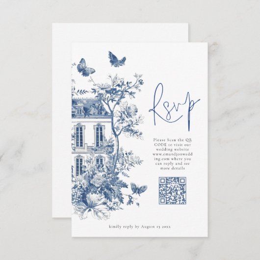 Cartons Réponse Élégant Mariage de code QR Toile Bleue De Jouy (Devant / Derrière)