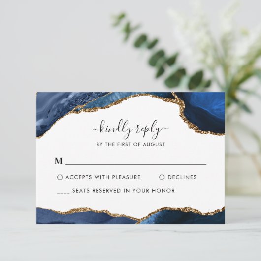 Cartons Réponse Élégant Mariage de gemme en grès bleu marine (Debout devant)