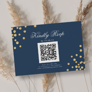 Cartons Réponse Élégant Mariage de script QR Gold Confetti Marine 