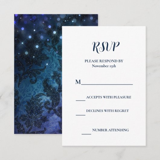 Cartons Réponse Elégant mariage d'hiver bleu marine (Devant / Derrière)