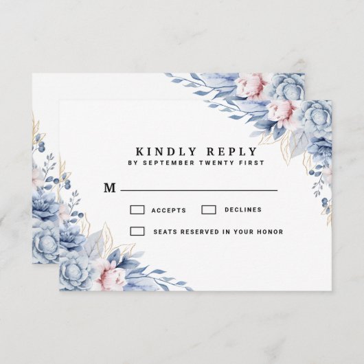 Cartons Réponse Élégant Mariage floral bleu et blanc (Devant / Derrière)