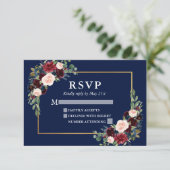Cartons Réponse Elégant Mariage Floral Bourgogne Blue Gold Frame (Debout devant)