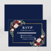 Cartons Réponse Elégant Mariage Floral Bourgogne Blue Gold Frame (Devant / Derrière)