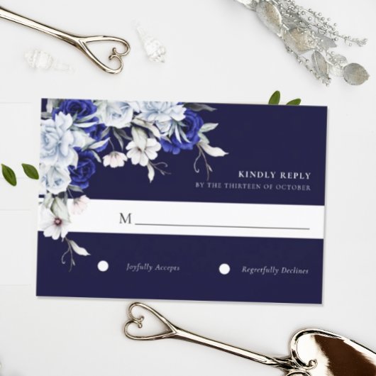 Cartons Réponse Elégant Mariage floral Dusty Blue Navy