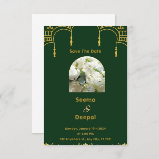 Cartons Réponse Élégant Mariage indien traditionnel en vert et Go (Devant / Derrière)