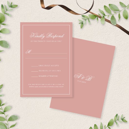 Cartons Réponse Élégant Mariage Monogramme Script Bordure Rose Pou
