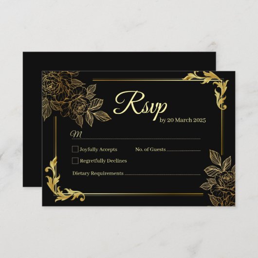 Cartons Réponse Élégant Mariage noir et or (Devant / Derrière)