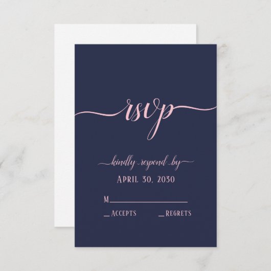 Cartons Réponse Élégant Marine Pink Script Mariage minimal (Devant / Derrière)