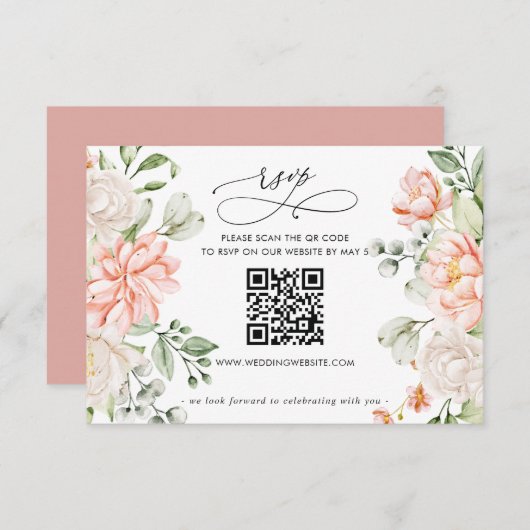 Cartons Réponse Elegant Modern Botanical Blush Floral QR CODE (Devant / Derrière)