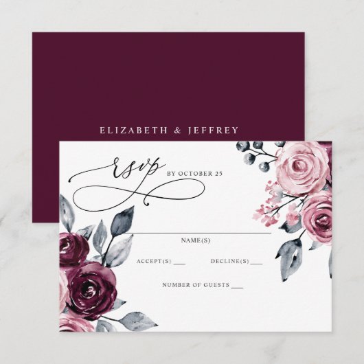 Cartons Réponse Elegant Modern Burgundy Floral Wedding (Devant / Derrière)
