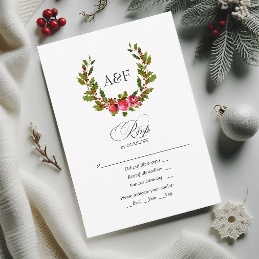 Cartons Réponse Élégant Monogram Holly et Ivy Mariage de Noël