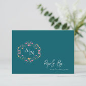 Cartons Réponse Élégant Monogramme vert Mariage floral complexe (Debout devant)